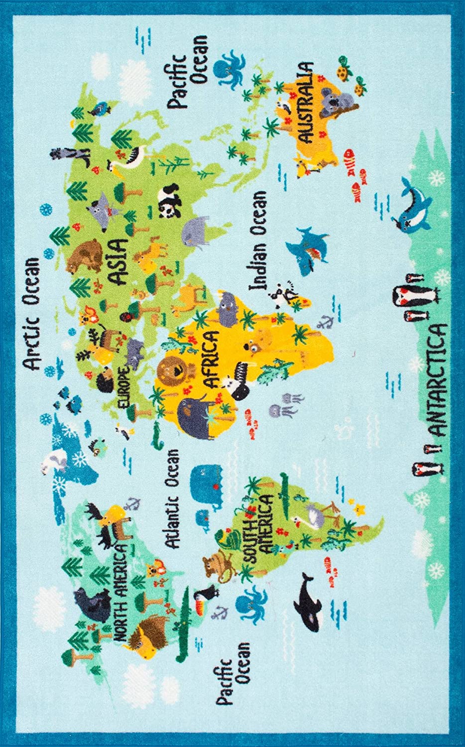 Animal World Map Kids Area Rug Baby Blue