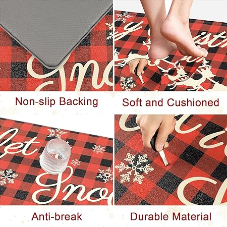 Set of 2 Buffalo Plaid Merry Christmas Anti Fatigue Cushioned Standing Desk Mat, 17"x47"+17"x28"