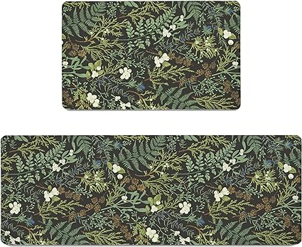 Black Green Botanical Kitchen Rugs Set of 2 2/5" Thick Leather Carpet for Laundry Office Sink(17.3" x28" + 17.3" x 47"