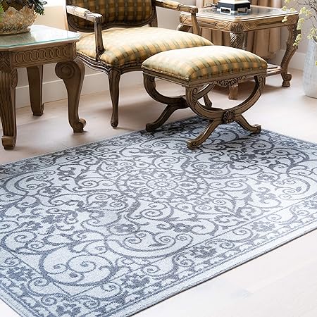 Pelham 2-Piece Non Slip Machine Washable Traditional Vintage Throw and Runner Floor Carpet, 17"x24" + 17"x48", Blue/Grey