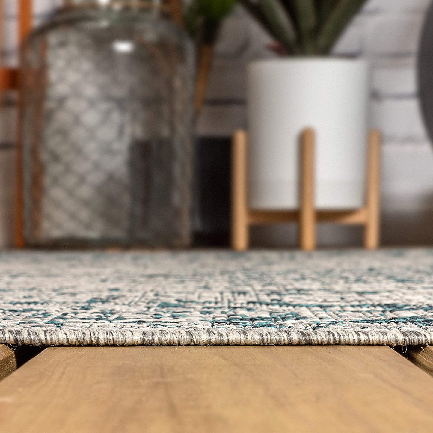 Rozetta Boho Medallion Textured Weave Indoor/Outdoor Gray/Teal Area Rug