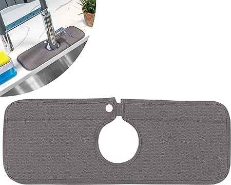 Microfiber Kitchen Faucet Sink Mat Drip and Splash Catcher with Snap Fastener, Absorbent and Reversible, 15 Inch x 5.5 Inch, White Trellis