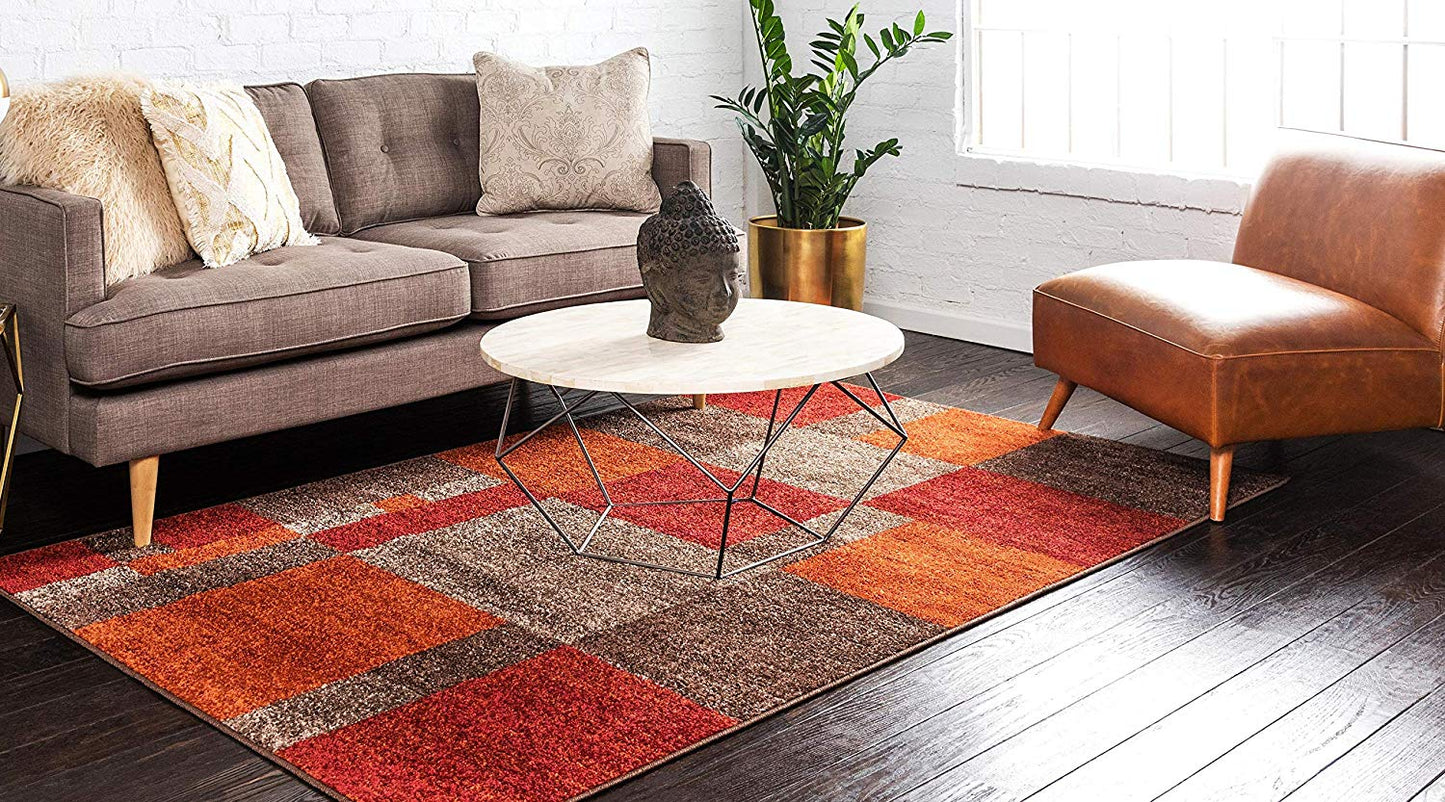 Warm Toned Checkered Multi-color Brown Orange Area Rugs