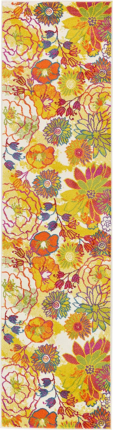 Tuba Modern Floral Runner Rug, Ivory/Yellow