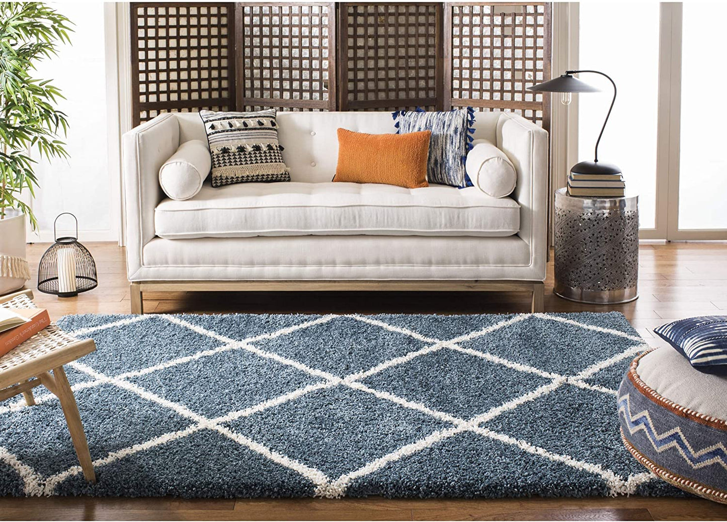 Diamond Trellis Slate Blue/Ivory Soft Plush Shag Area Rug 2-inch Thick
