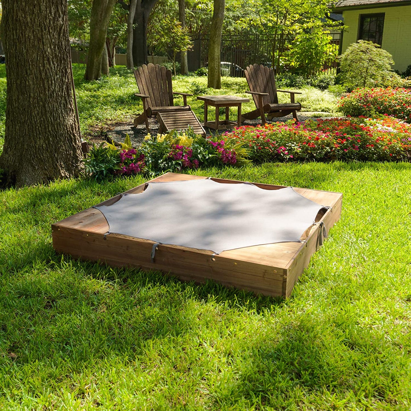 Wooden Backyard Sandbox with Built-in Corner Seating and Mesh Cover