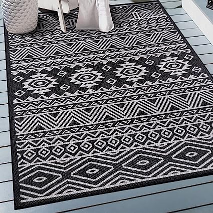 Lecce Distressed Geometric Bohemian Textured Flat Weave Easy Cleaning Outdoor Rugs