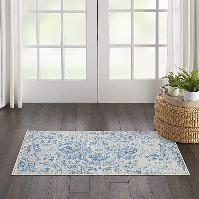 Jubilant Vintage Damask Blue Area Rug