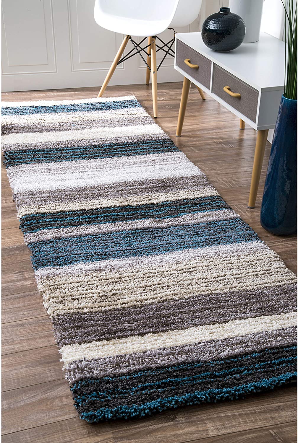 Premium Handmade Striped Blue Gray Plush Shag Area Rugs