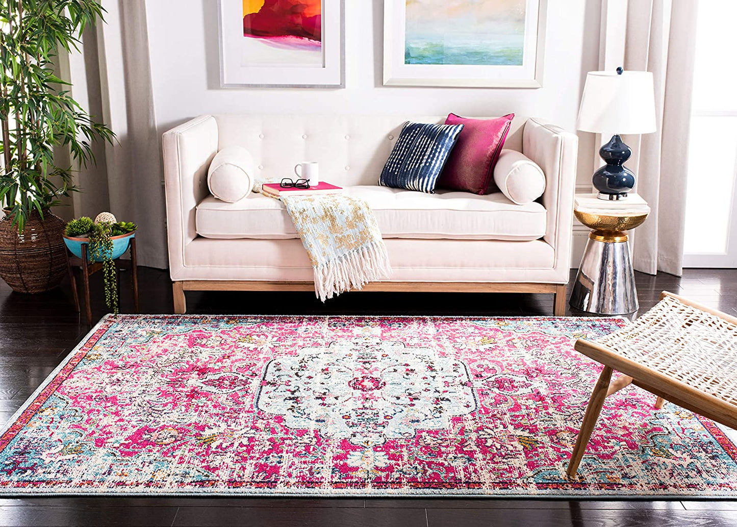 Boho Chic Vintage Medallion Distressed Runner,  Fuchsia/Teal