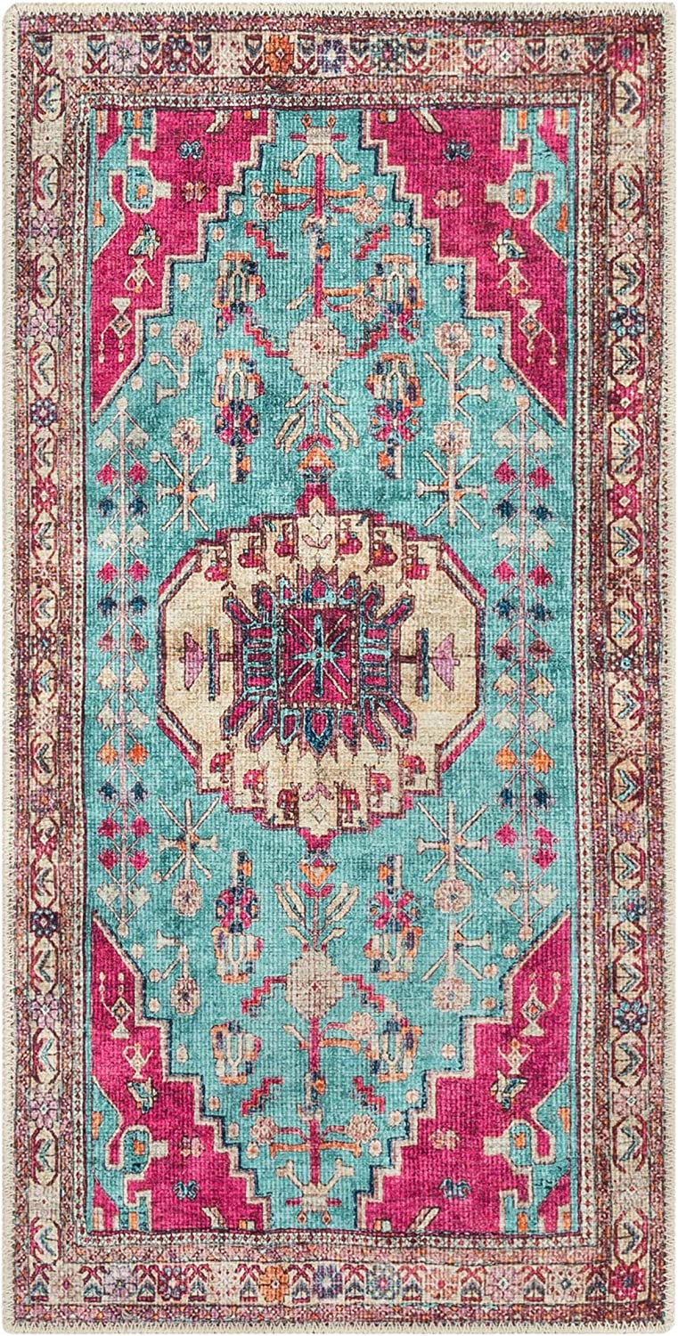 Shasta Blue Fuchsia Machine Washable Vintage Distressed Persian Area Rug