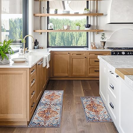 Sets of 2, Non Slip Washable Bohemian Rugs, Boho Kitchen Decor, 17"x30"+17"x47"