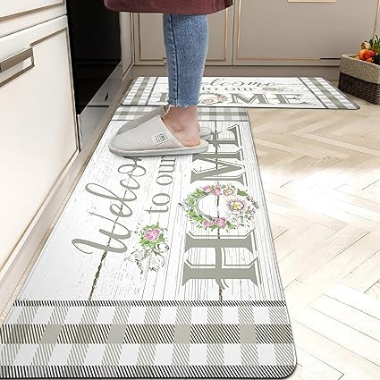 Set 2 Pieces,0.4 Inches Thick Non Slip Kitchen Rugs and Mats Teal Wood Cushioned Anti Fatigue Floor Mat Waterproof Comfort Standing Runner Sink Rug,17.3 x 28+17.3 x 47 Inch