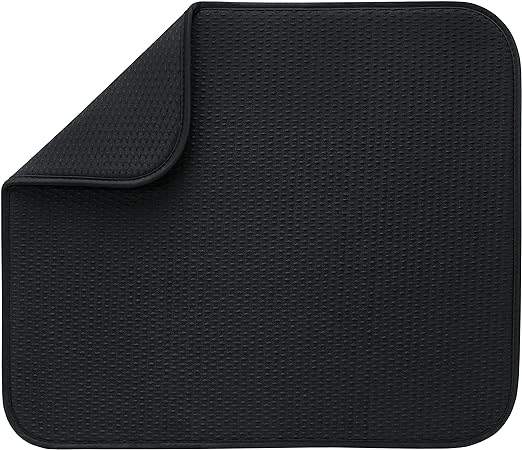 Absorbent, Reversible Microfiber Dish Mat, 16 Inch x 18 Inch, Black