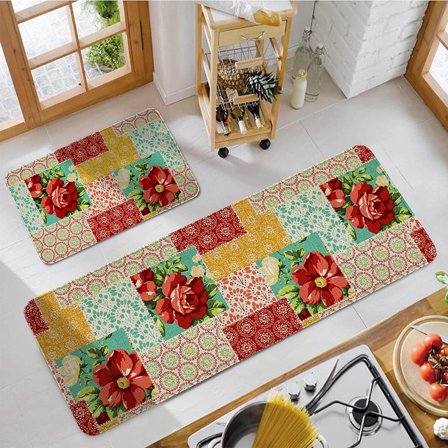 2 Pieces Natural Rubber Boho Kitchen Mats (17" Wx30 L+17" W x 47" L Palm Tree Leaves)