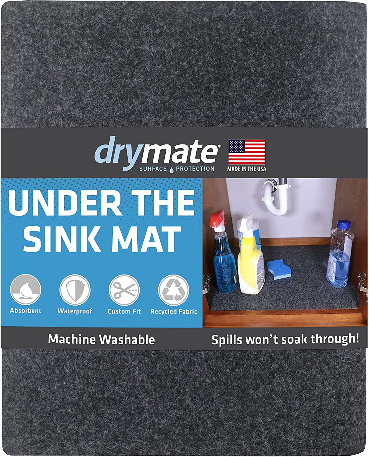 Under Sink, Waterproof Cabinet Protection, Absorbent Shelf Liners, Slip-Resistant, Non-Adhesive, Machine Washable, Durable Mats (USA Made)(24”x29”)(Charcoal)