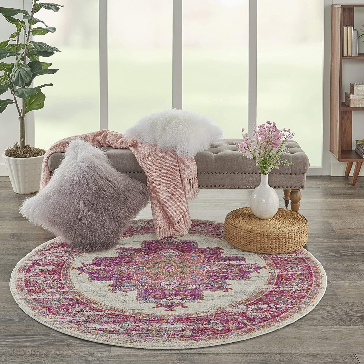 Passion Bohemian Modern/Traditional Area Rug, IVORY/FUSHIA