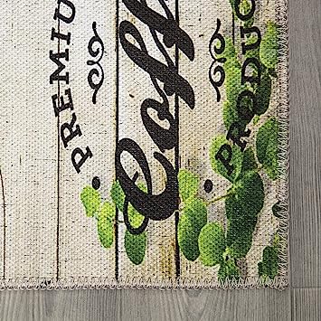 Machine Washable Wrinkle Free Coffee Cup Design Cotton 2 x 5 Kitchen Runner Rug (20" x 59", Beige)