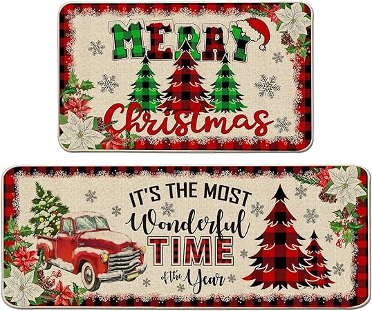 Set of 2 - Red Buffalo Plaid Christmas Kitchen Decor 17"x27+17"x47"