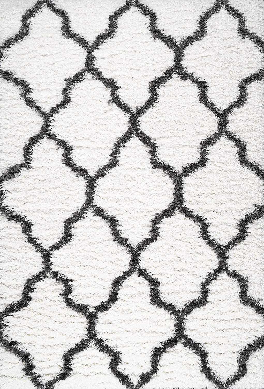Marrakesh Shag Trellis with Tassels Ivory/Charcoal Soft Area Rug