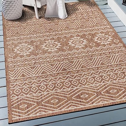 Lecce Distressed Geometric Bohemian Textured Flat Weave Easy Cleaning Outdoor Rugs