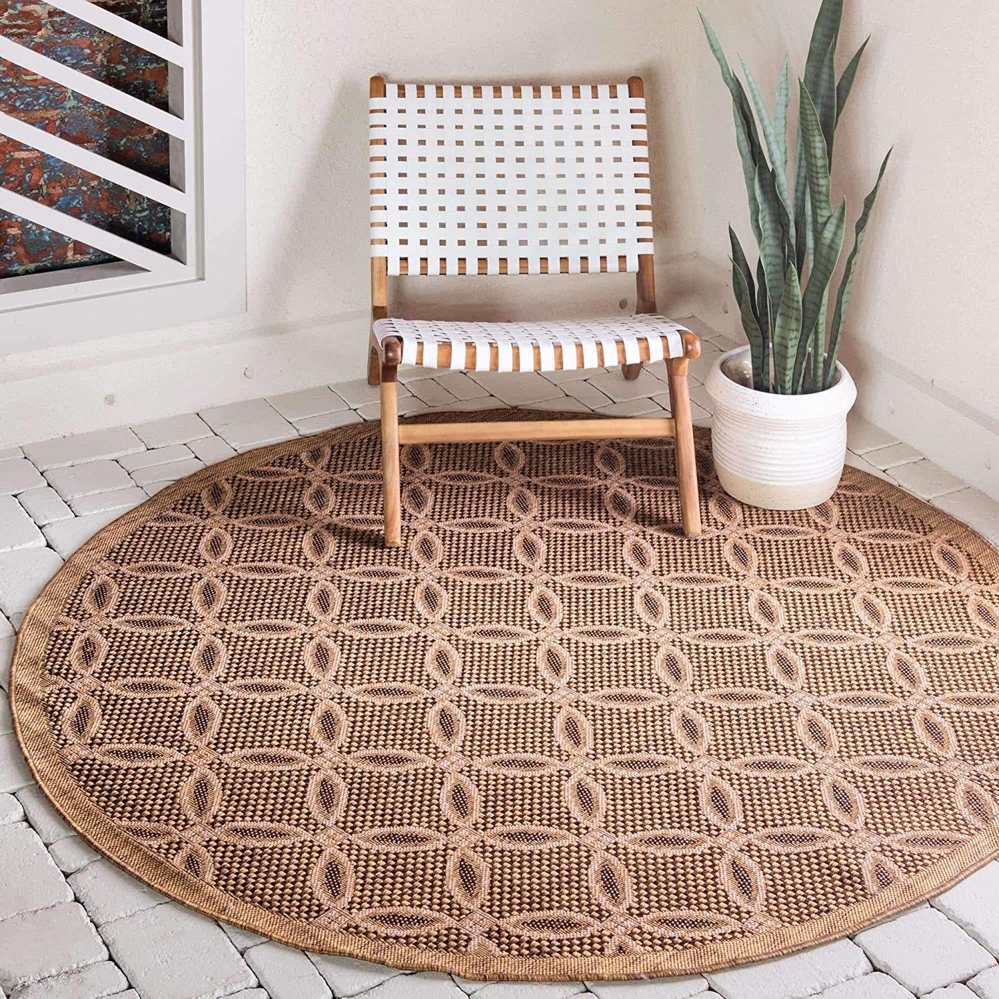 Trellis Geometric Border Indoor/ Outdoor Flat Weave Light Brown/ Brown