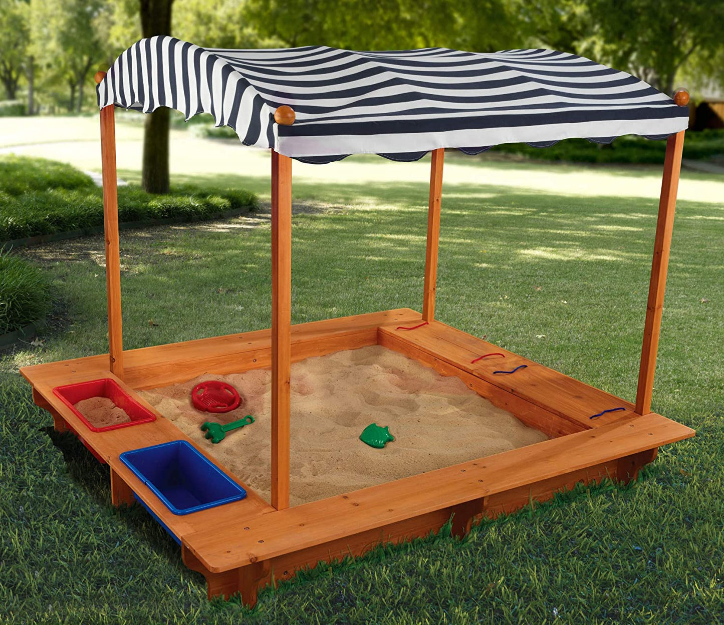 Outdoor Covered Wooden Sandbox with Bins and Striped Canvas Canopy, Navy & White