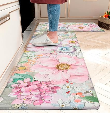 Anti Fatigue Coastal Rugs Beach Theme Fish Pattern Waterproof Non-Slip Ergonomic Comfort Standing Mat for Sink Laundry Bedroom,17.3 x28+17.3 x 47 Inch, PVC, Blue