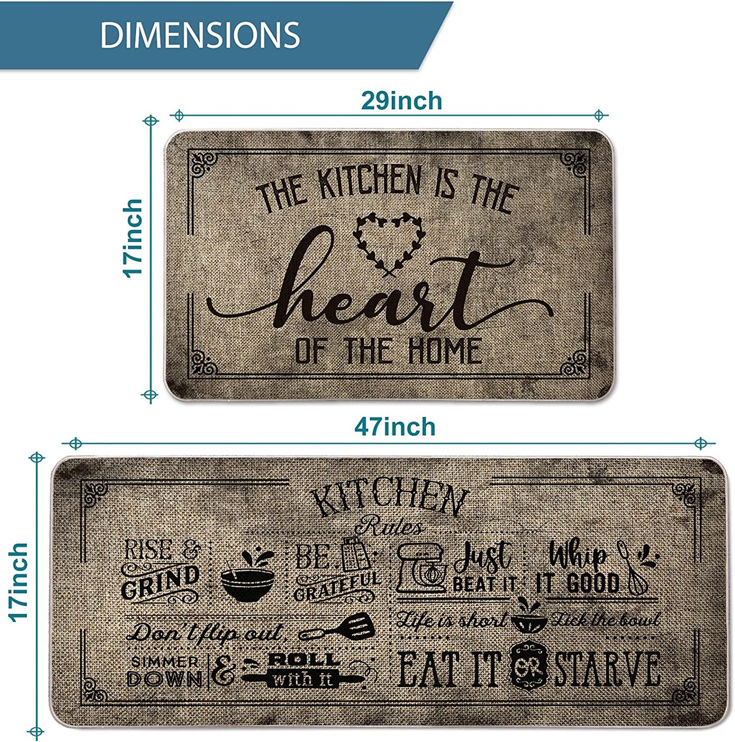 Kitchen Quotes Set of 2, Seasonal Mats - 17x29 and 17x47 Inch