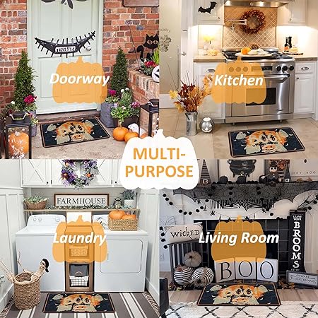 Non Slip Backing Halloween Kitchen Rug Set of 2 (Black, 17"x47"+17"x30")