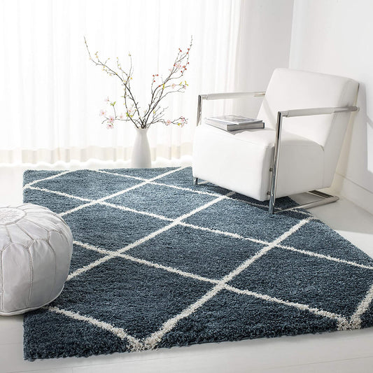 Diamond Trellis Slate Blue/Ivory Soft Plush Shag Area Rug 2-inch Thick