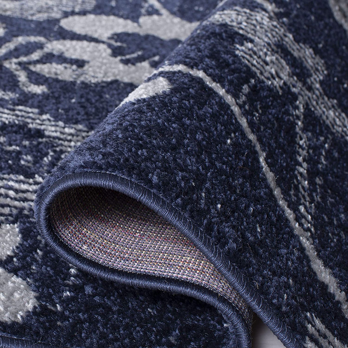 Navy Blue Silver Contemporary Chic Damask Soft Area Rug