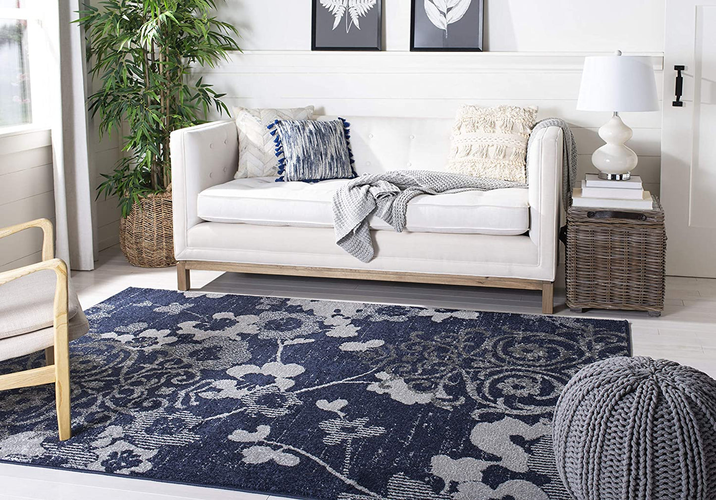 Navy Blue Silver Contemporary Chic Damask Soft Area Rug
