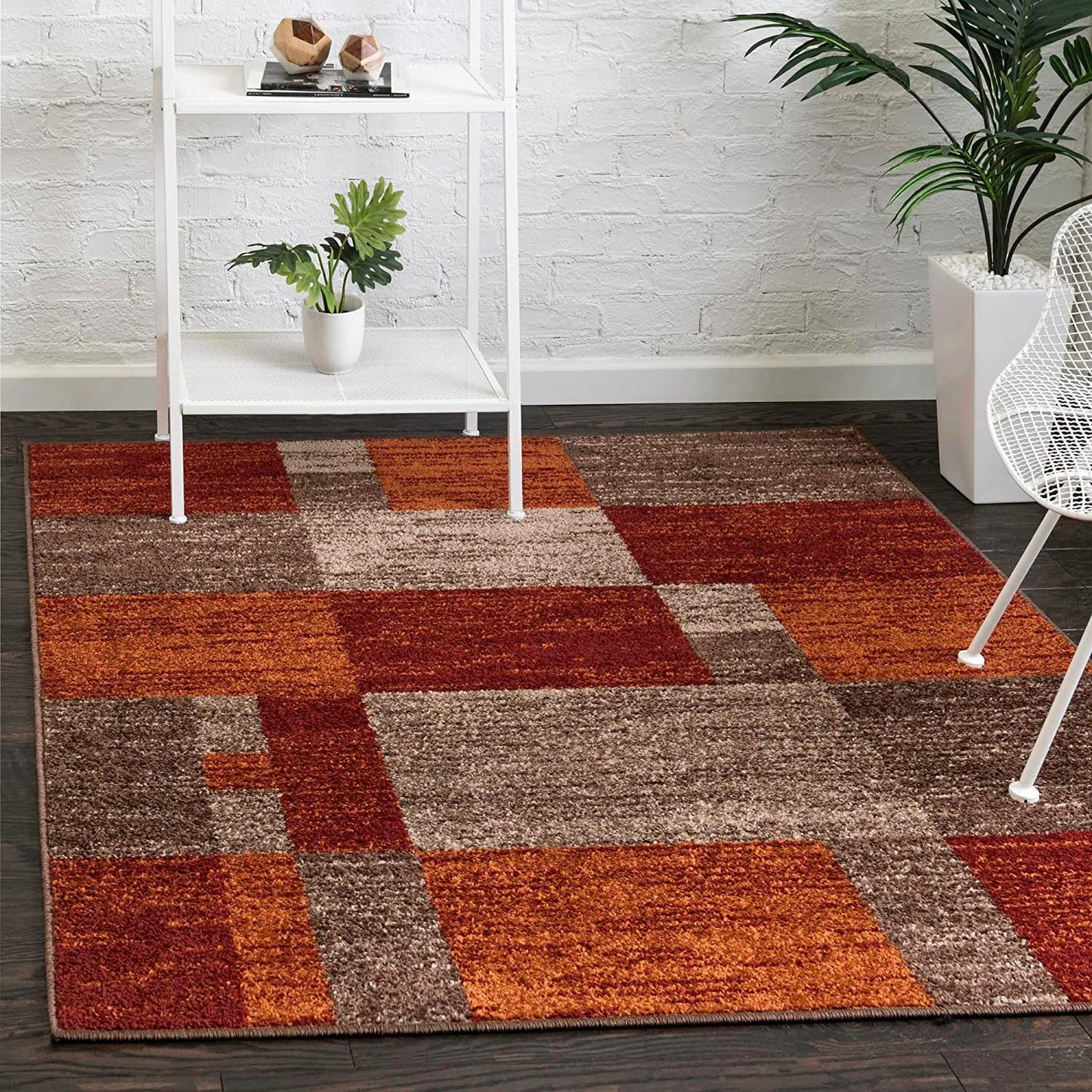 Warm Toned Checkered Multi-color Brown Orange Area Rugs