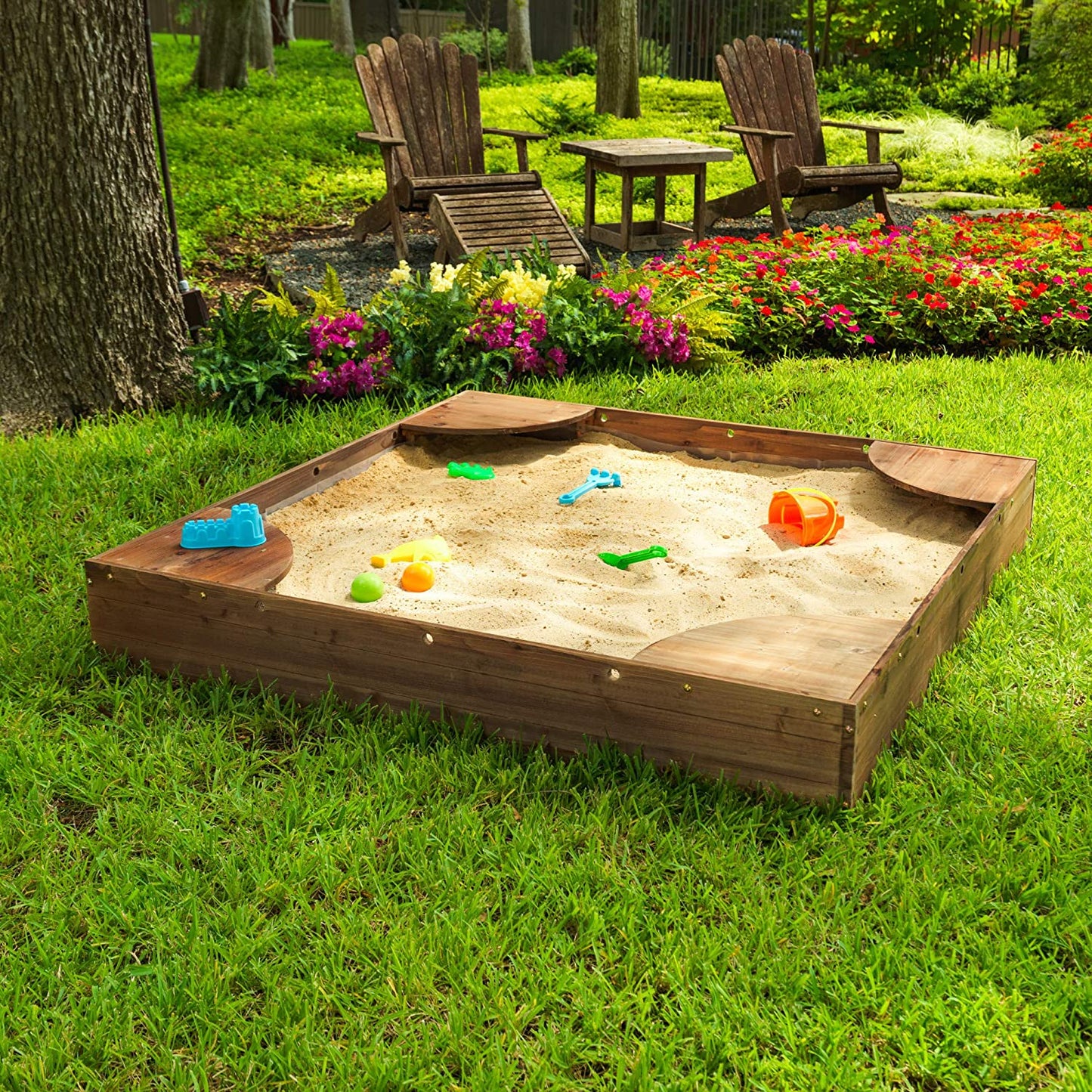 Wooden Backyard Sandbox with Built-in Corner Seating and Mesh Cover