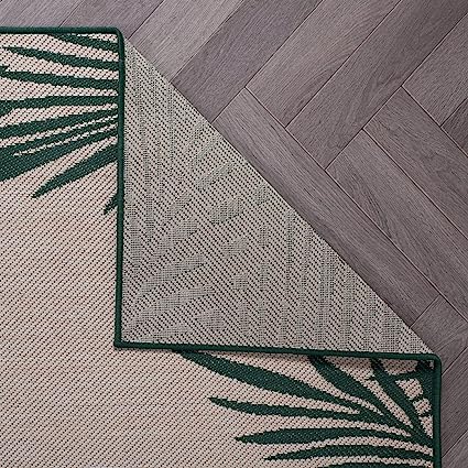 Tropical Floral Palm Leaves Textured Flat Weave Easy Cleaning Outdoor Rugs