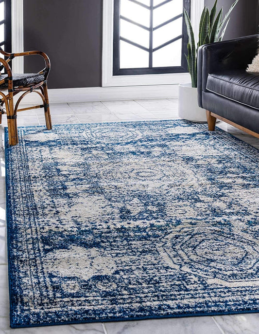 Vintage Traditional Medallion Border Blue Ivory Area Rug