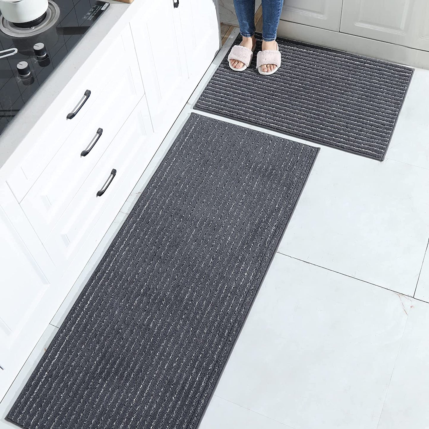 Set of 2 Grey Kitchen Rugs and Mats with TPR Backing 100% - 20x30inch/20x48inch