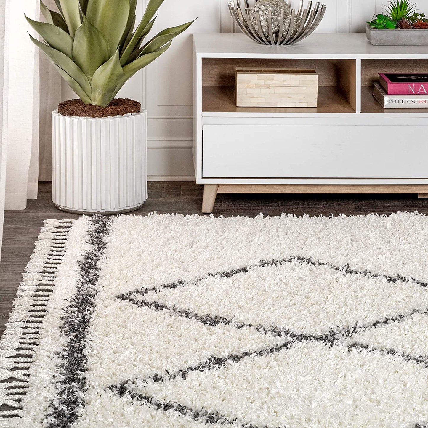 Mercer Plush Tassel Moroccan Tribal Geometric Trellis Area Rugs, Cream/Grey
