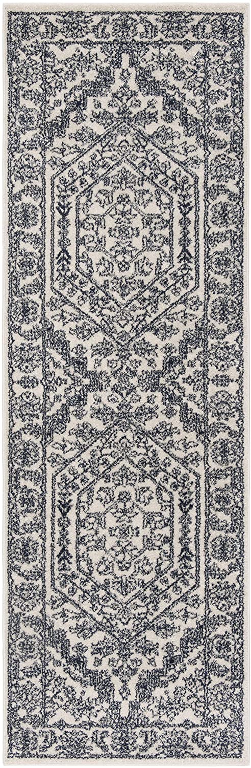 Oriental Vintage Distressed Medallion Ivory/Navy Soft Area Rug