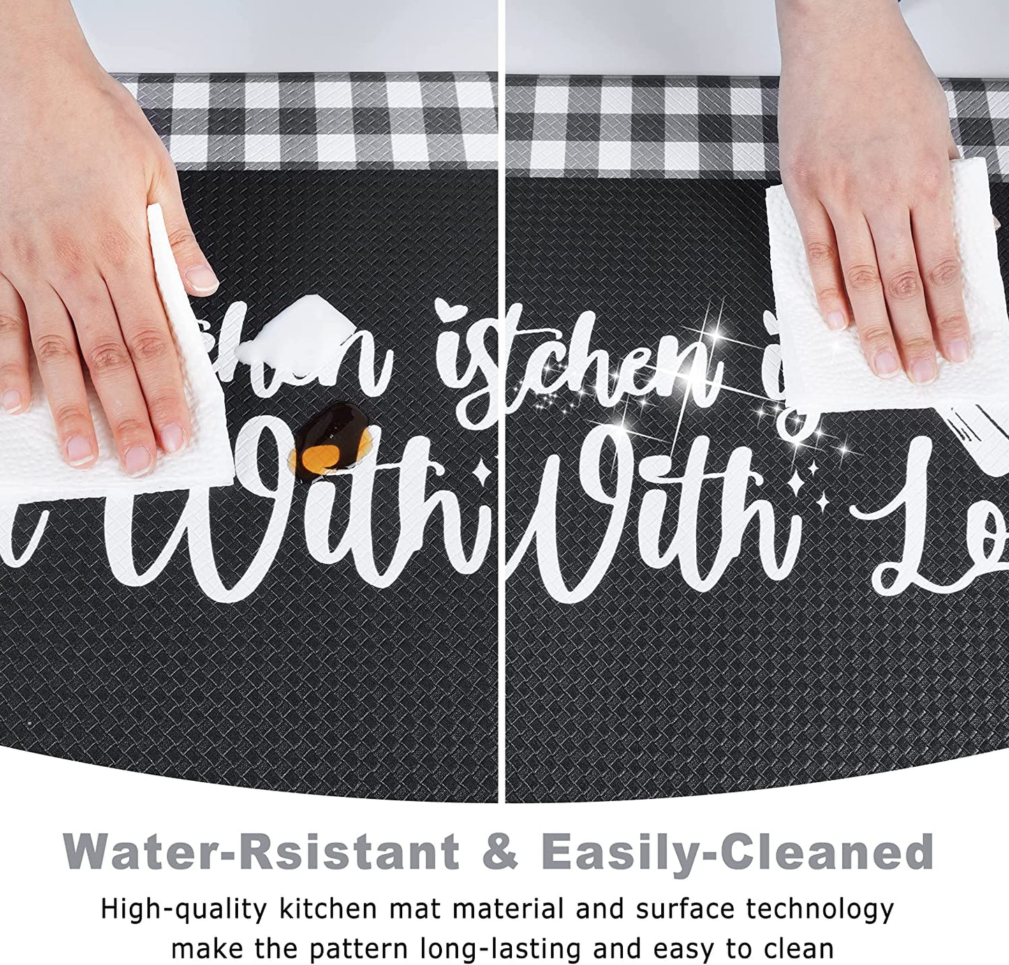 Anti Fatigue Waterproof Cushioned Black Set of 2, Non Skid Standing Mats with Kitchen Motto 17.3''x29''+17.3''x47''