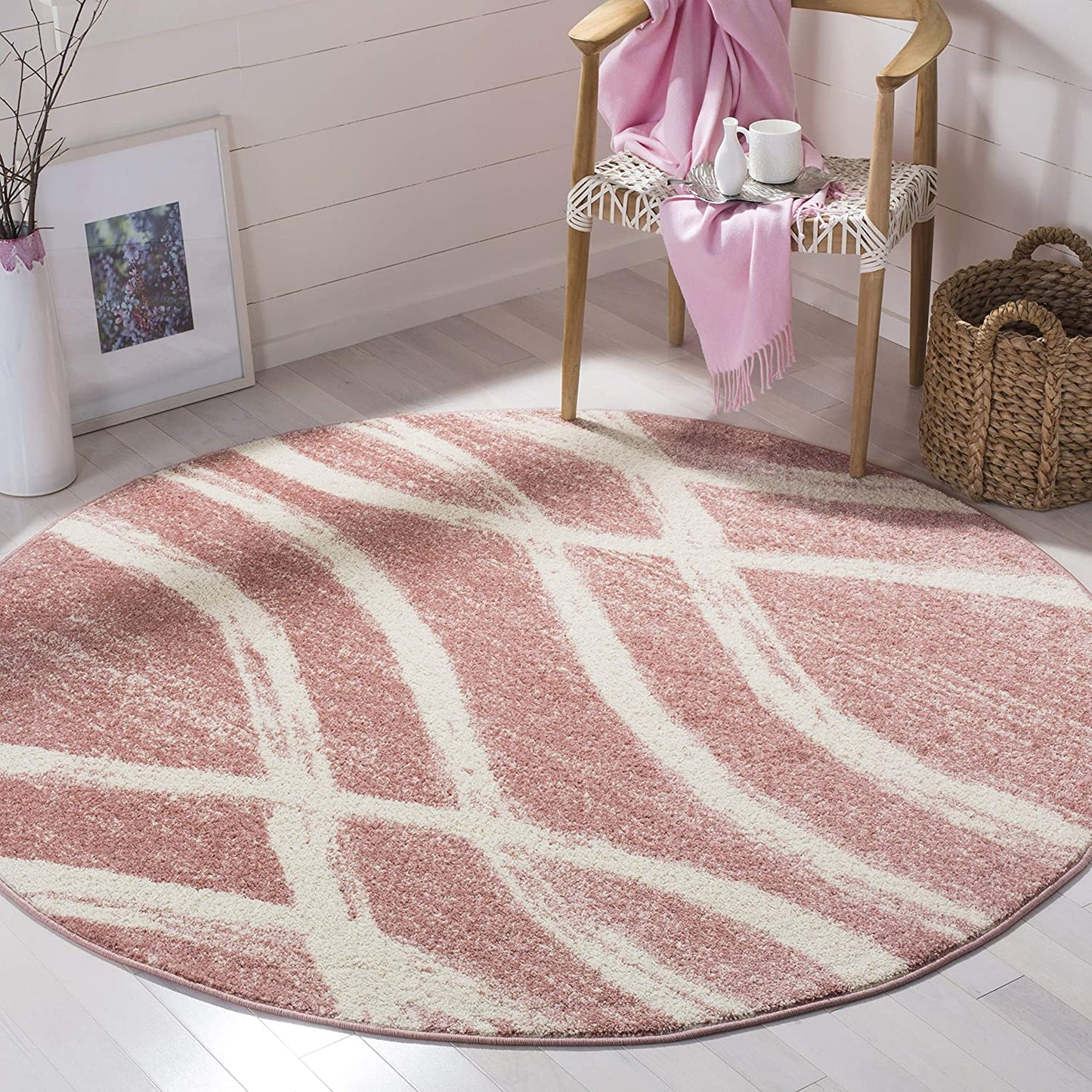 Modern Wave Distressed Soft Area Rug, Rose / Cream