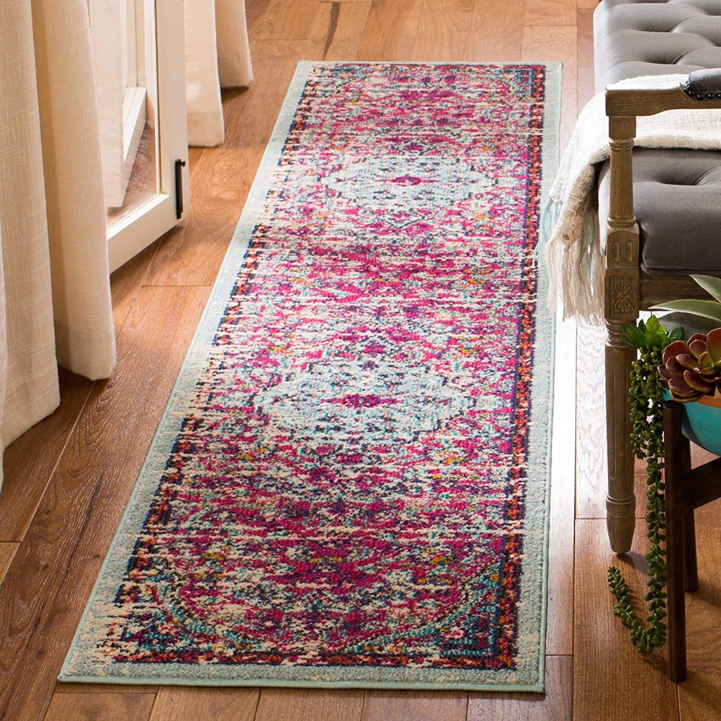 Boho Chic Vintage Medallion Distressed Runner,  Fuchsia/Teal