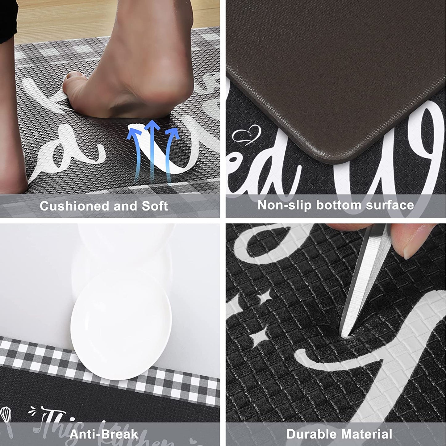 Anti Fatigue Waterproof Cushioned Black Set of 2, Non Skid Standing Mats with Kitchen Motto 17.3''x29''+17.3''x47''