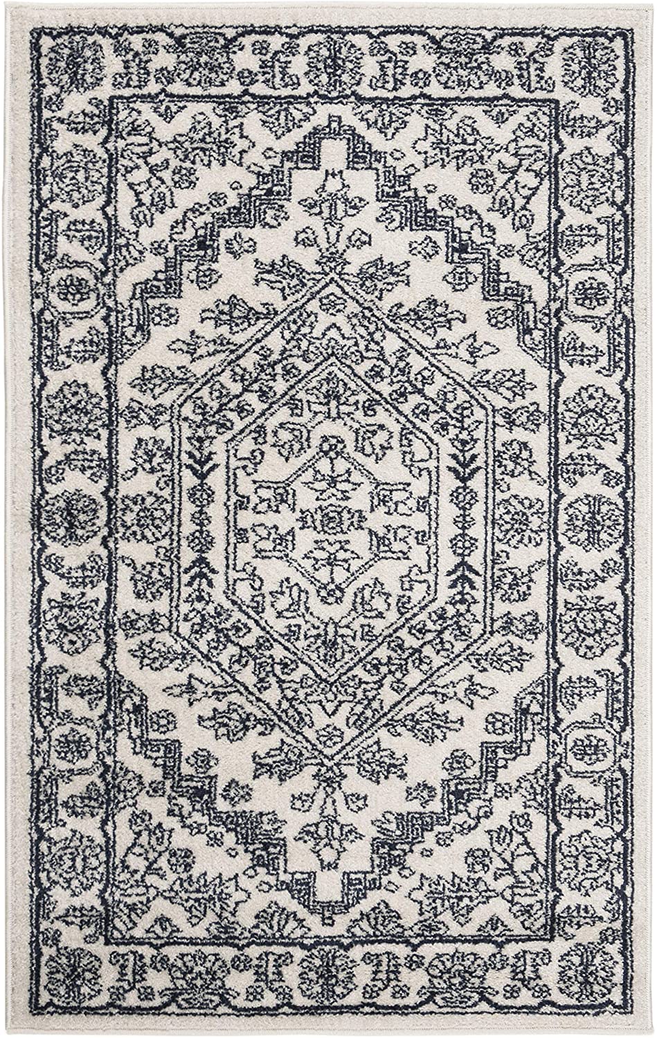 Oriental Vintage Distressed Medallion Ivory/Navy Soft Area Rug