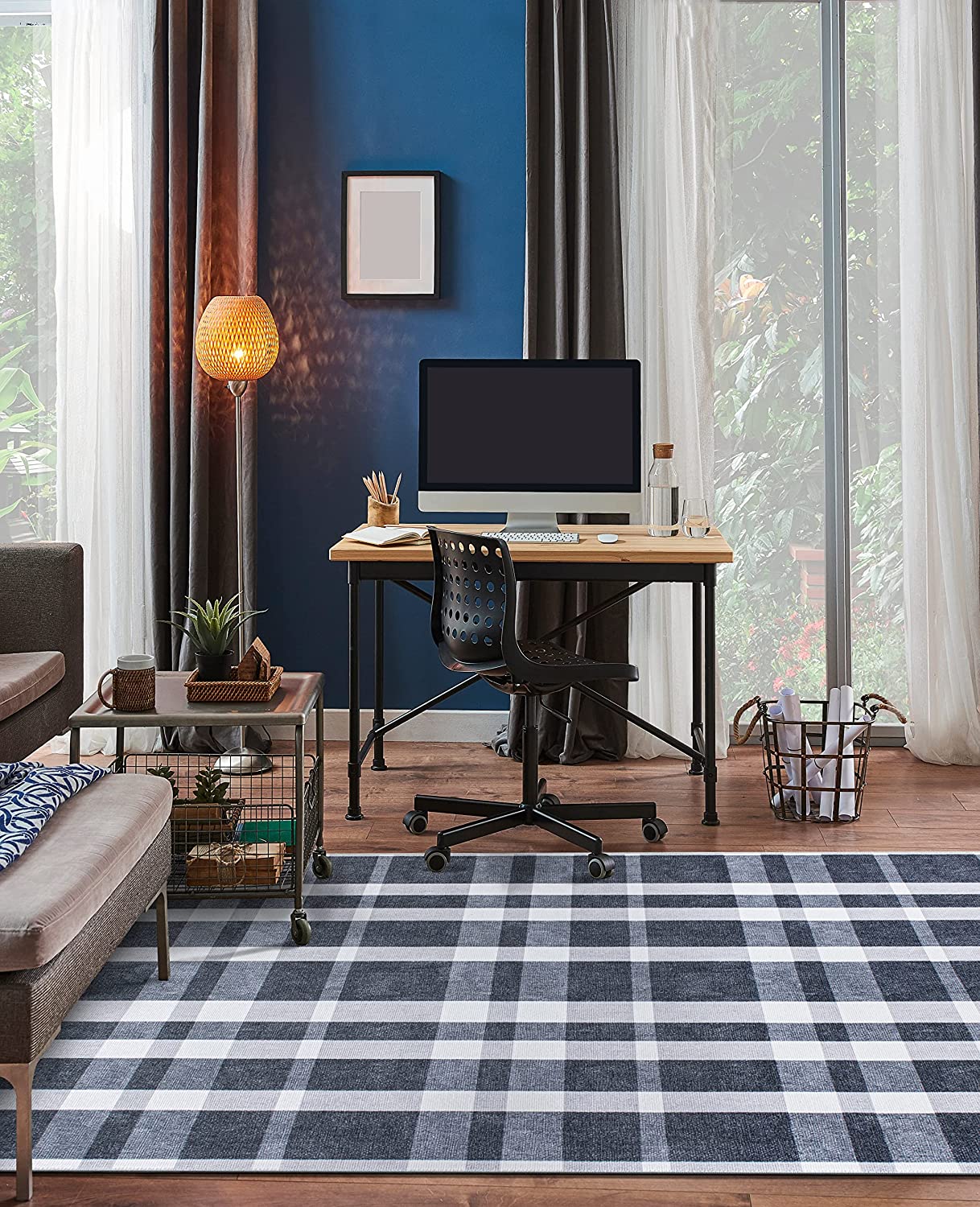 Modern Plaid Stain Resistant Flat Weave Eco Friendly Premium Recycled Machine Washable Area Rug 3'3"x5' Black