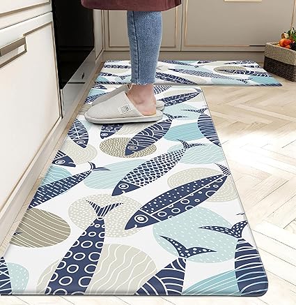 Anti Fatigue Coastal Rugs Beach Theme Fish Pattern Waterproof Non-Slip Ergonomic Comfort Standing Mat for Sink Laundry Bedroom,17.3 x28+17.3 x 47 Inch, PVC, Blue