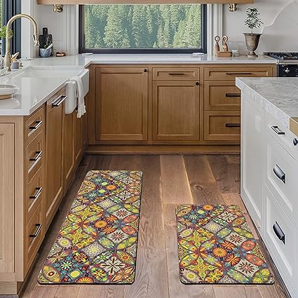 Set 2 Pieces,0.4 Inches Thick Non Slip Kitchen Rugs and Mats Teal Wood Cushioned Anti Fatigue Floor Mat Waterproof Comfort Standing Runner Sink Rug,17.3 x 28+17.3 x 47 Inch