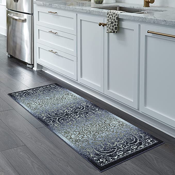 Maples Rugs Pelham Vintage Runner Rug Non Slip Washable Navy/Grey