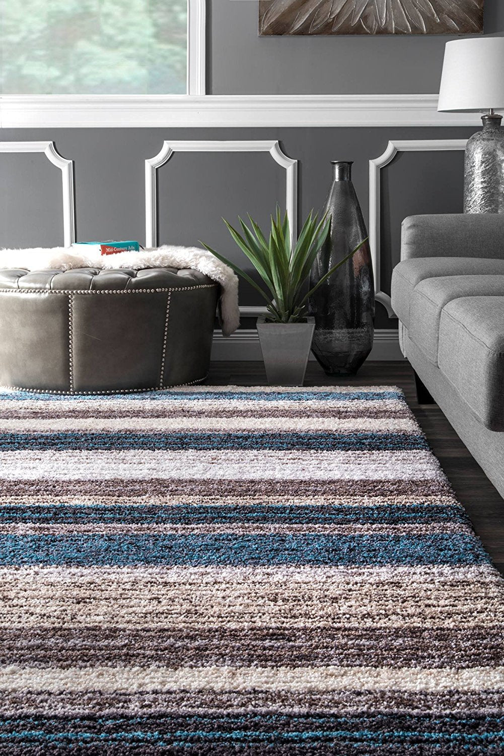 Premium Handmade Striped Blue Gray Plush Shag Area Rugs
